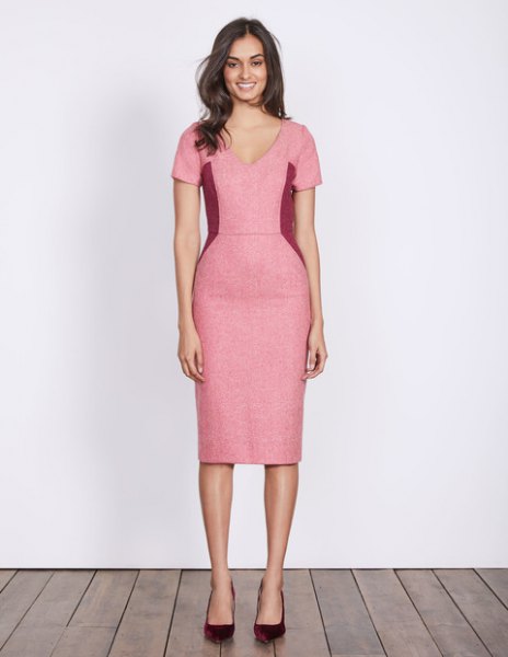 pink wool midi dress with V-neck