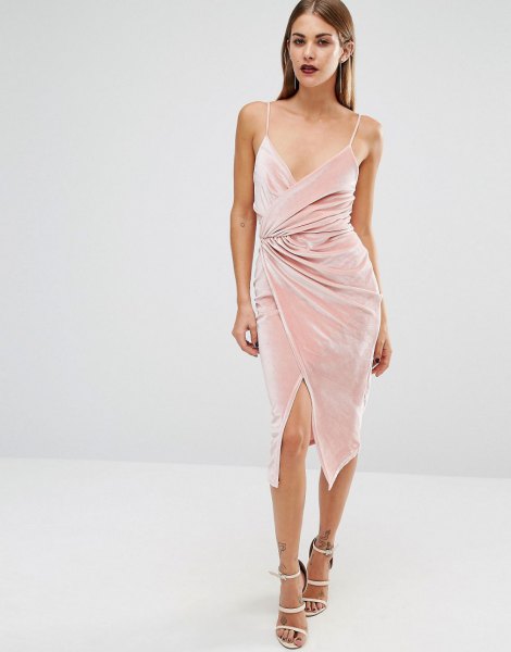 pink velvet midi low cut wrap dress