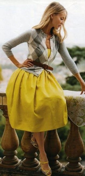 plaid yellow cardigan dress with belt