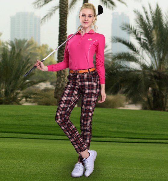 plaid golf trousers pink polo shirt