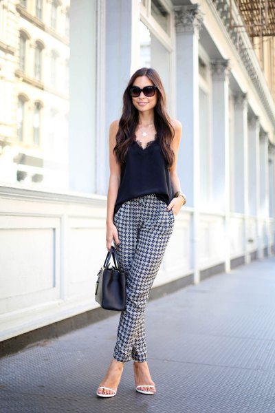 Check print trousers Deep V vest top outfit