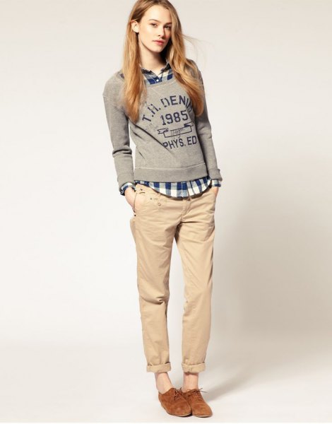 gray pullover chinos with a checked shirt