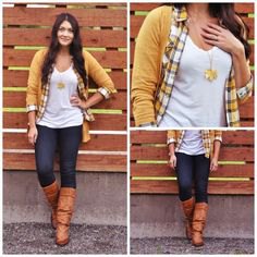 plaid shirt with mustard-yellow cardigan and brown knee-high boots