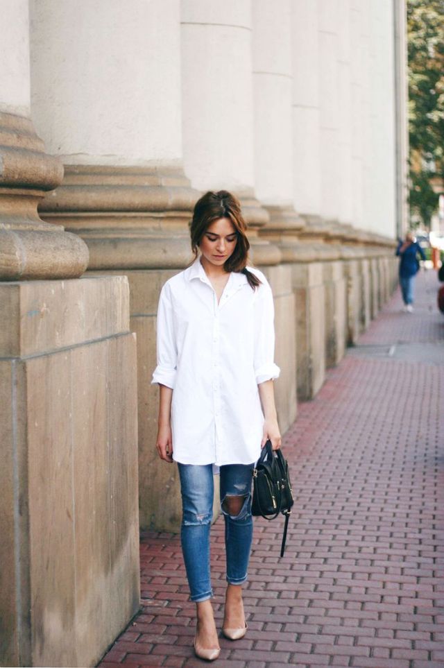 plain long white shirt with jeans