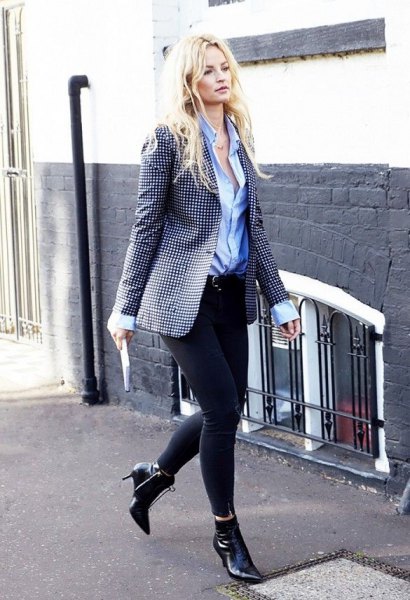 Pointed toe ankle boots with a dotted blazer