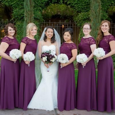 Dark purple bridesmaids dresses and white floral bouquets | BNLove .