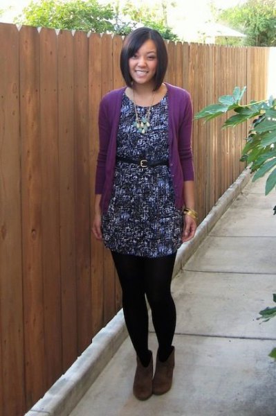 purple cardigan with black printed tunic and tunic with belt