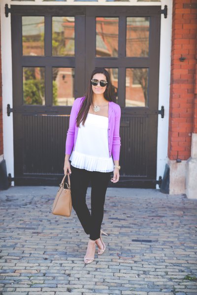 purple sweater with white strapless peplum top