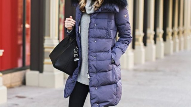 purple long bubble coat with gray sweater with waterfall neckline