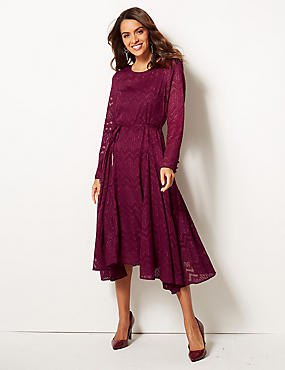 purple long-sleeved lace flared pleated dress with black velvet heels