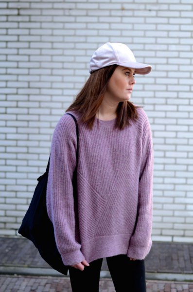 purple oversized knit sweater with white baseball cap