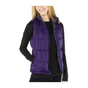 purple quilted vest with black long-sleeved top and jeans