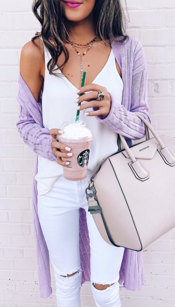 purple ribbed long cardigan white top jeans