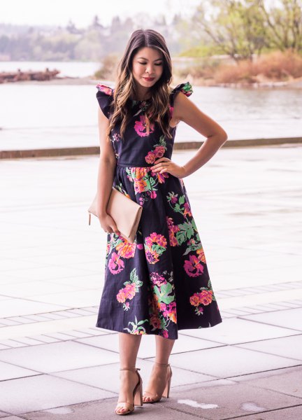 purple ruffle shoulder with floral print and flared midi dress