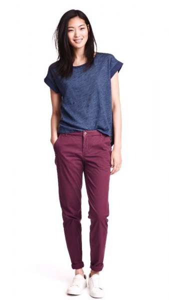 purple t-shirt gray chinos outfit