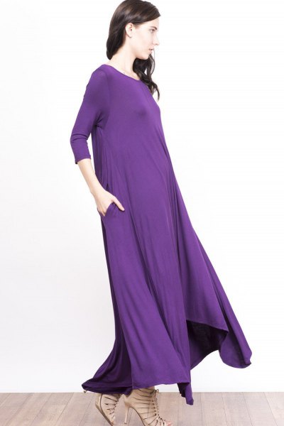 purple three-quarter-sleeved floor-length shift dress with bare strappy heels