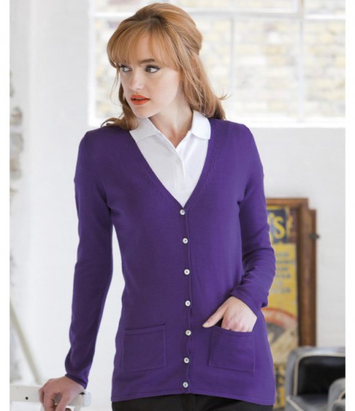 purple V-neck cardigan and white shirt with collar