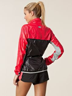 red and black block block nylon jacket with mini running shorts