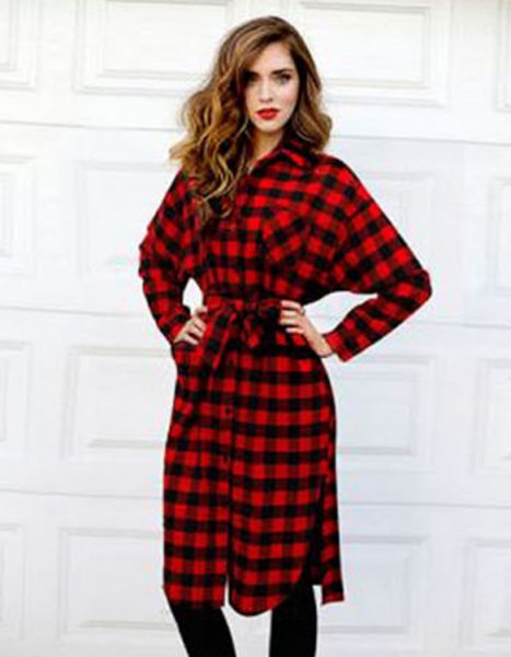 Checked tunic with a red and black flannel belt