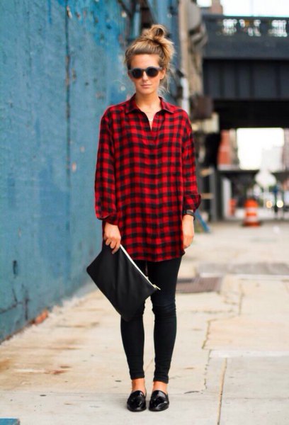 red and black oversized plaid shirt with leggings and leather loafers