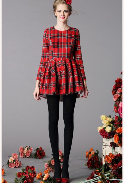 red and black checked fit and flare dress