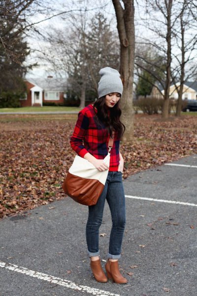 red and black checked flannel shirt with brown ankle boots