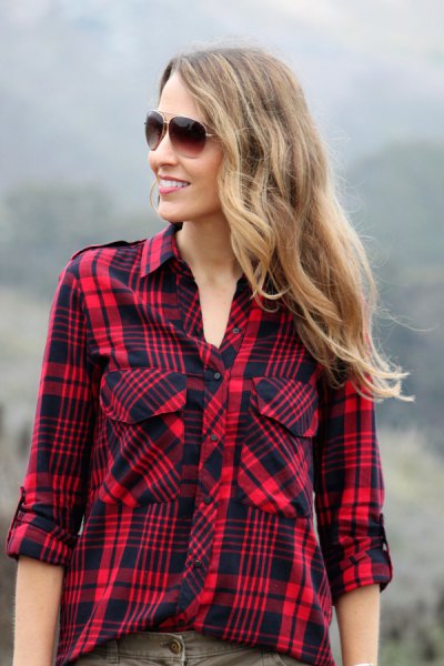 red and black plaid hiking shirt with gray jeans