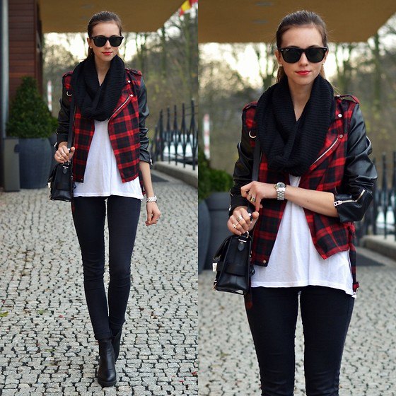 red and black plaid leather jacket white chiffon blouse