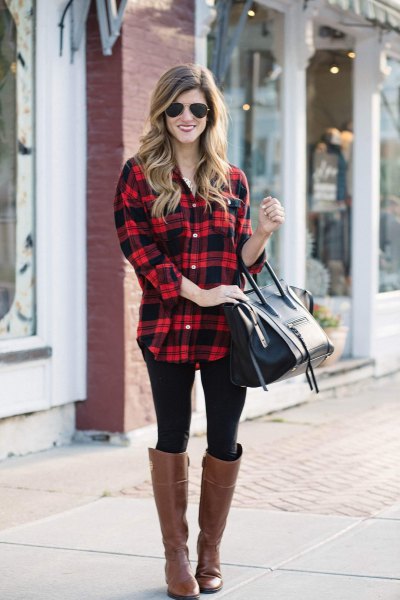 red and black checked long boyfriend shirt with brown leather boots