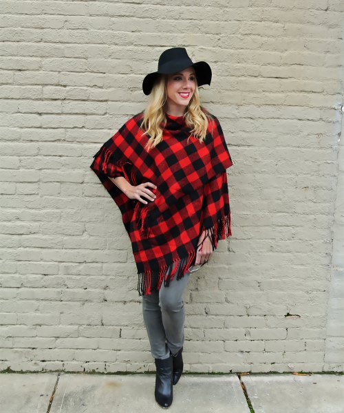 red and black plaid poncho floppy hat