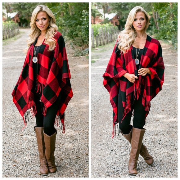 red and black plaid poncho leggings boots