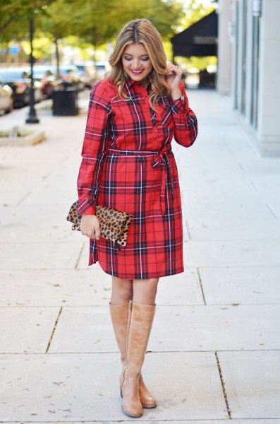 red and black plaid shirt dress beige suede boots