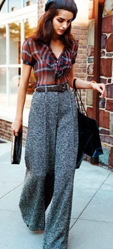 red and black plaid shirt, gray tweed pants with wide legs