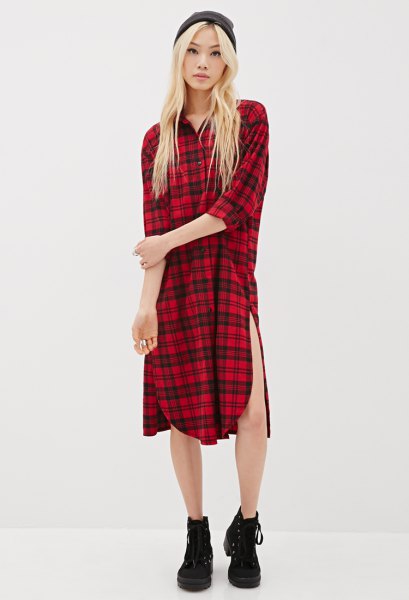 red and black plaid tunic high top sneakers