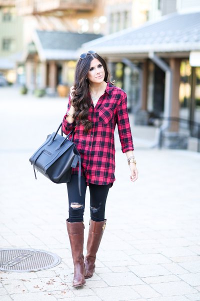 red-black checked tunic with torn skinny jeans and knee-high boots