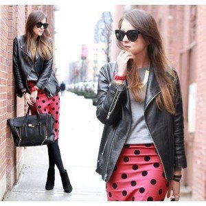red and black dotted pencil skirt leather jacket