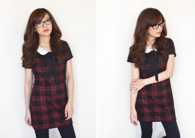 red and black short-sleeved mini tartan dress with white collar