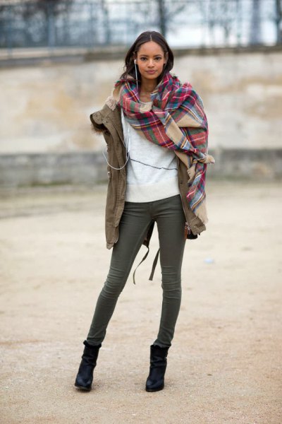 red and blushing plaid scarf with camel military jacket