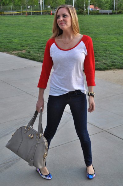 red and white baseball t-shirt with blue flower flats