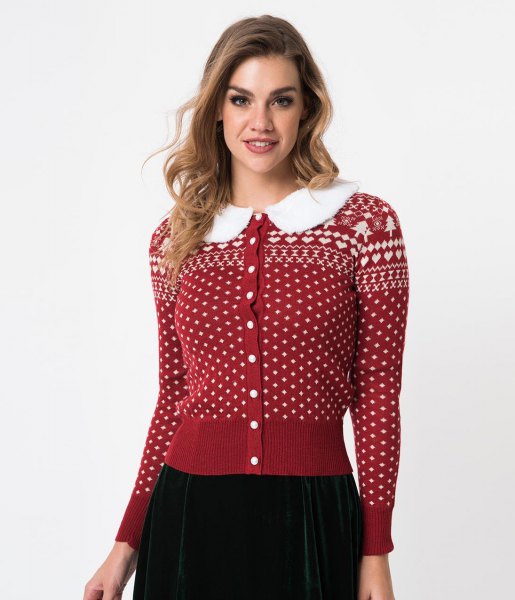 red and white Christmas printed cardigan with button and black skirt