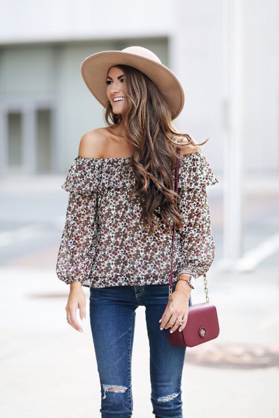 Off-the-shoulder red and white top with a floral pattern