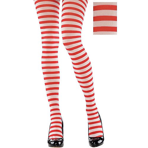 red and white horizontal striped leggings and black leather heels with rounded toes