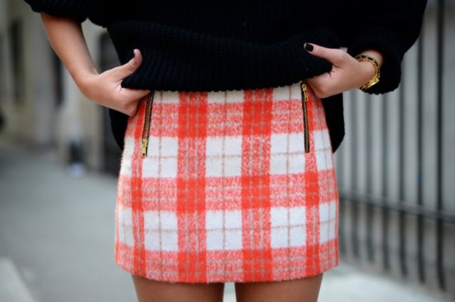 red and white checked mini wool skirt with black knitted sweater