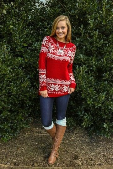 red and white printed Christmas holiday sweater with skinny jeans