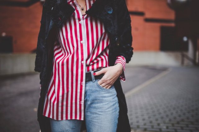 red and white striped oversized shirt, long wool coat made of black wool