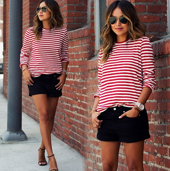 Red-White Striped Print Long Sleeve Round Neck Fall Fashion Casual .