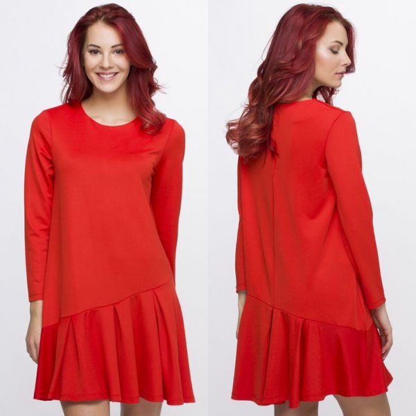red asymmetrical long-sleeved dress with a falling waist