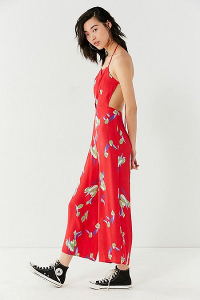 red backless floral maxi dress with high top