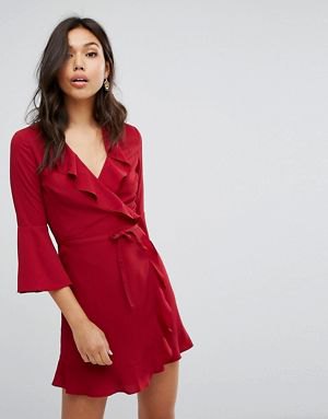 Wrap dress with red bell sleeves and ruffle collar