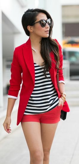 red blazer with matching shorts and striped tank top with scoop neckline